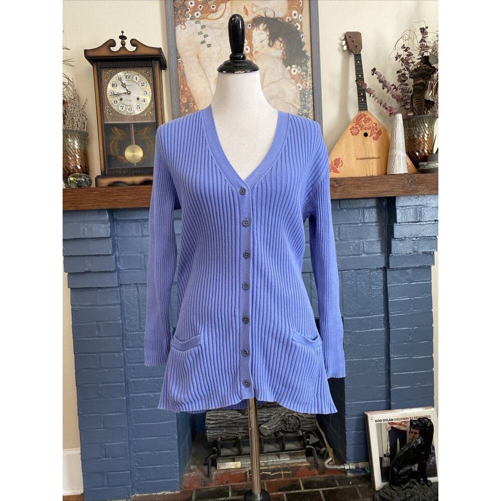 LL Bean XL Cardigan Sweater Light Blue Ribbed Knit Button 100% Cotton Classic